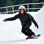 A snowboarder confidently performing a 50-50 trick on a low rail in Genting Highlands Snow World, Malaysia. The snowboarder is wearing a helmet and appropriate winter gear. Focus on the balance and control of the rider. The background shows a gentle snowy slope and other snowboarders enjoying the snow park.