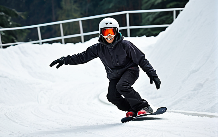 A snowboarder confidently performing a 50-50 trick on a low rail in Genting Highlands Snow World, Malaysia. The snowboarder is wearing a helmet and appropriate winter gear. Focus on the balance and control of the rider. The background shows a gentle snowy slope and other snowboarders enjoying the snow park.