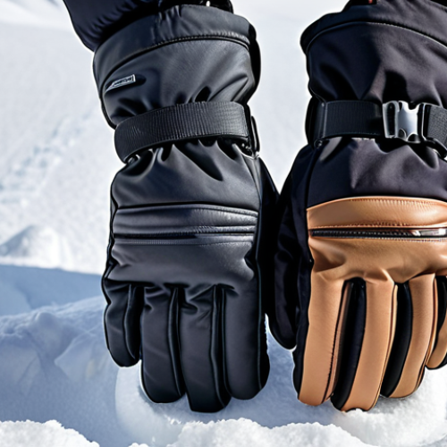 A close-up shot of various types of ski gloves (mitten, glove, three-finger glove) displayed on a snowy surface, highlighting the differences in design and emphasizing warmth and dexterity.