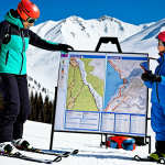 **

A vibrant ski resort scene. In the foreground, a Malaysian family is studying a ski trail map with color-coded trails (green, blue, black). They're pointing at different sections of the map, discussing the difficulty levels. A ski patrol member is visible in the background, near a sign warning of icy conditions. The overall atmosphere is one of careful preparation and awareness before hitting the slopes. Focus on warm, practical ski attire suitable for cool weather, rather than extreme cold. Consider using a Malaysian facial style for the family.

**