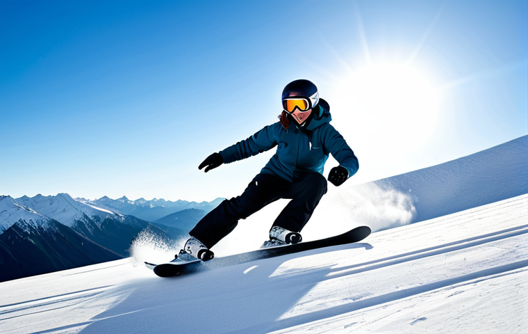 A professional female snowboarder in a high-quality, modest winter sports suit, gracefully carving a turn on a pristine, snow-covered mountain slope. Her body posture exudes confidence and control, showcasing the importance of sharp edges for precise maneuvers. The background features majestic, sunlit mountain peaks and a clear, blue sky. The image is a high-resolution, dynamic outdoor photograph with natural lighting. perfect anatomy, correct proportions, natural pose, well-formed hands, proper finger count, natural body proportions, safe for work, appropriate content, fully clothed, modest clothing, family-friendly.