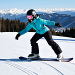 A determined female snowboarder, fully clothed in modest, warm winter sports attire and a helmet, learning to balance on a gentle snow-covered bunny hill. She is focused, slightly bending her knees, with a snowboard securely attached to her boots. The background features a wide, snowy training slope with distant ski resort buildings under a clear sky. Professional photography, natural pose, correct proportions, perfect anatomy, well-formed hands, proper finger count, natural body proportions, safe for work, appropriate content, family-friendly.
