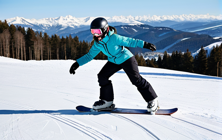 A determined female snowboarder, fully clothed in modest, warm winter sports attire and a helmet, learning to balance on a gentle snow-covered bunny hill. She is focused, slightly bending her knees, with a snowboard securely attached to her boots. The background features a wide, snowy training slope with distant ski resort buildings under a clear sky. Professional photography, natural pose, correct proportions, perfect anatomy, well-formed hands, proper finger count, natural body proportions, safe for work, appropriate content, family-friendly.