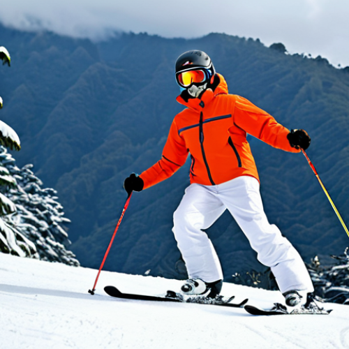 "A skier in a fully clothed snow suit, demonstrating balanced body position on a snowy slope in Genting Highlands, Malaysia.  Background shows snow-covered trees and other skiers.  Proper posture, safe skiing practices, appropriate attire, perfect anatomy, professional quality."