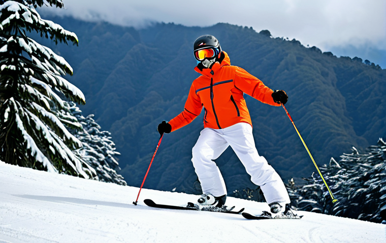 "A skier in a fully clothed snow suit, demonstrating balanced body position on a snowy slope in Genting Highlands, Malaysia.  Background shows snow-covered trees and other skiers.  Proper posture, safe skiing practices, appropriate attire, perfect anatomy, professional quality."
