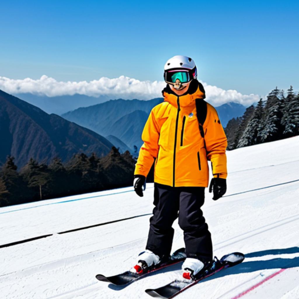 스키와 보드 초보자 트렌드 - A beginner snowboarder, fully clothed in appropriate winter gear (waterproof jacket, snow pants, glo...